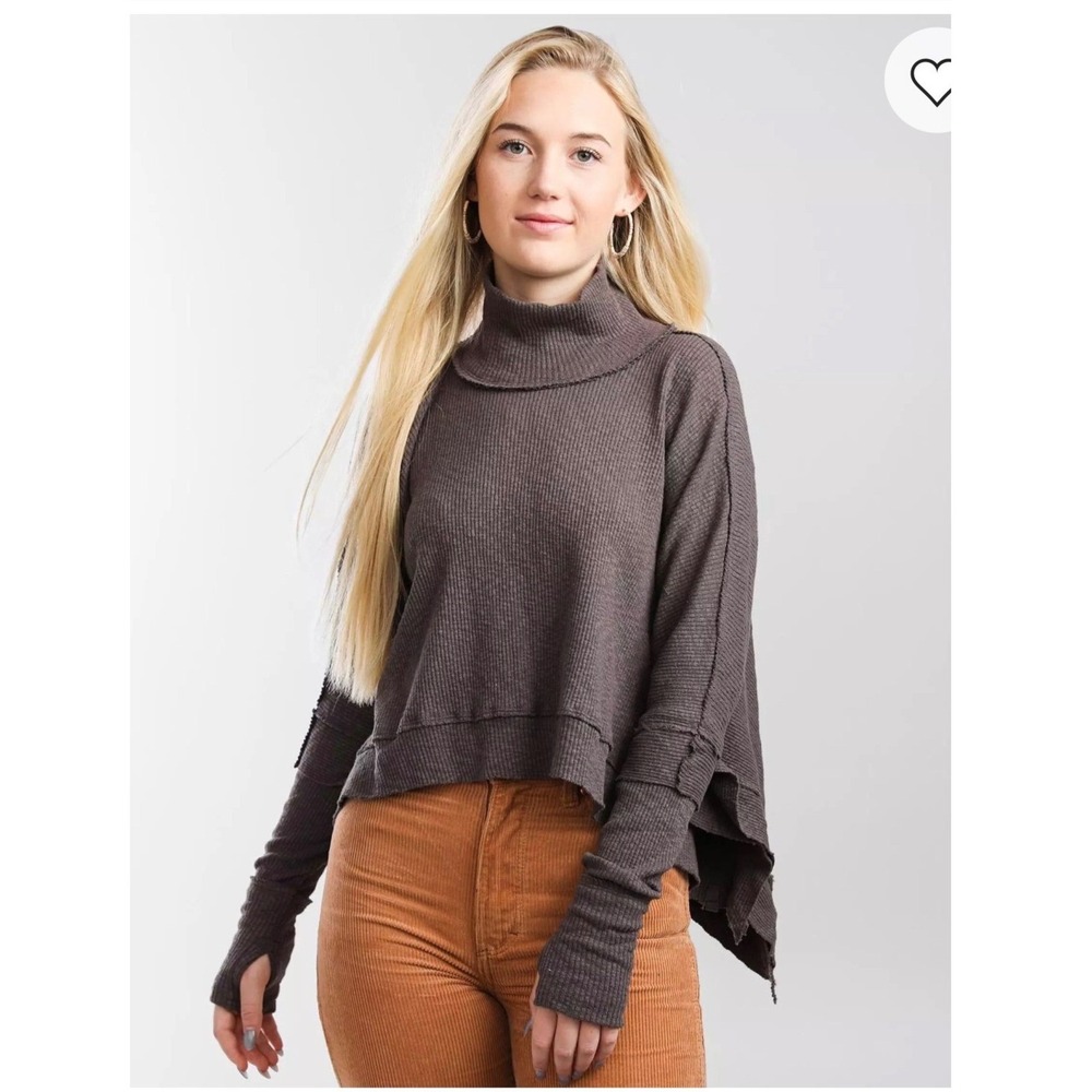 Free People We‎ The Free Thermal Women S Brown Mock Neck Tiered Sleeve Top